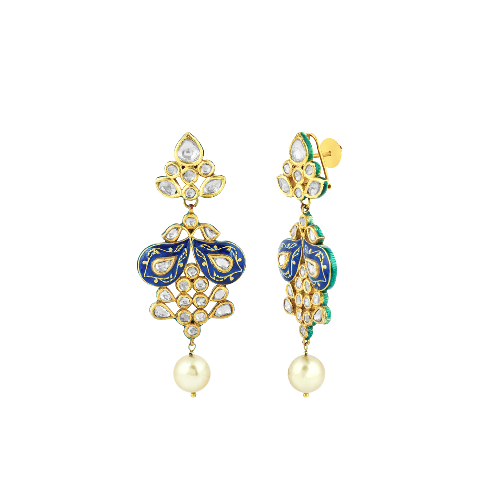 Polki Earrings with Blue Enamel and Pearl Drop